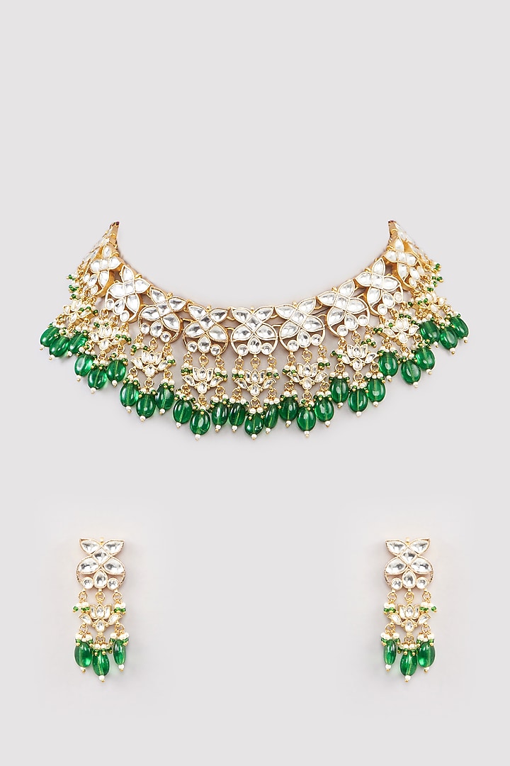 Micro Gold Finish Kundan Polki & Green Drop Choker Necklace Set by Namasya at Pernia's Pop Up Shop