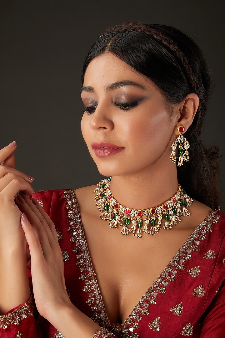 Micro Gold Finish Pink Kundan Polki & Green Drop Necklace Set by Namasya at Pernia's Pop Up Shop