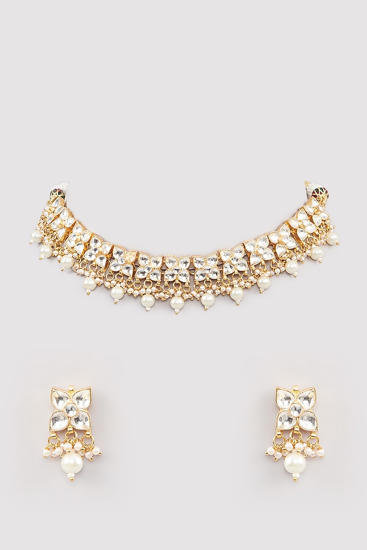 Micro Gold Finish Kundan Polki & Pearl Drop Necklace Set by Namasya at Pernia's Pop Up Shop