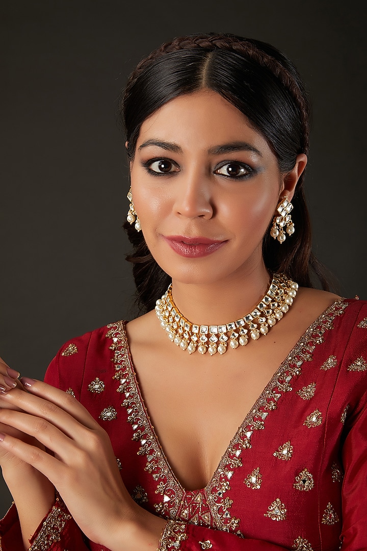 Micro Gold Finish Kundan Polki & Pearl Drop Necklace Set by Namasya at Pernia's Pop Up Shop