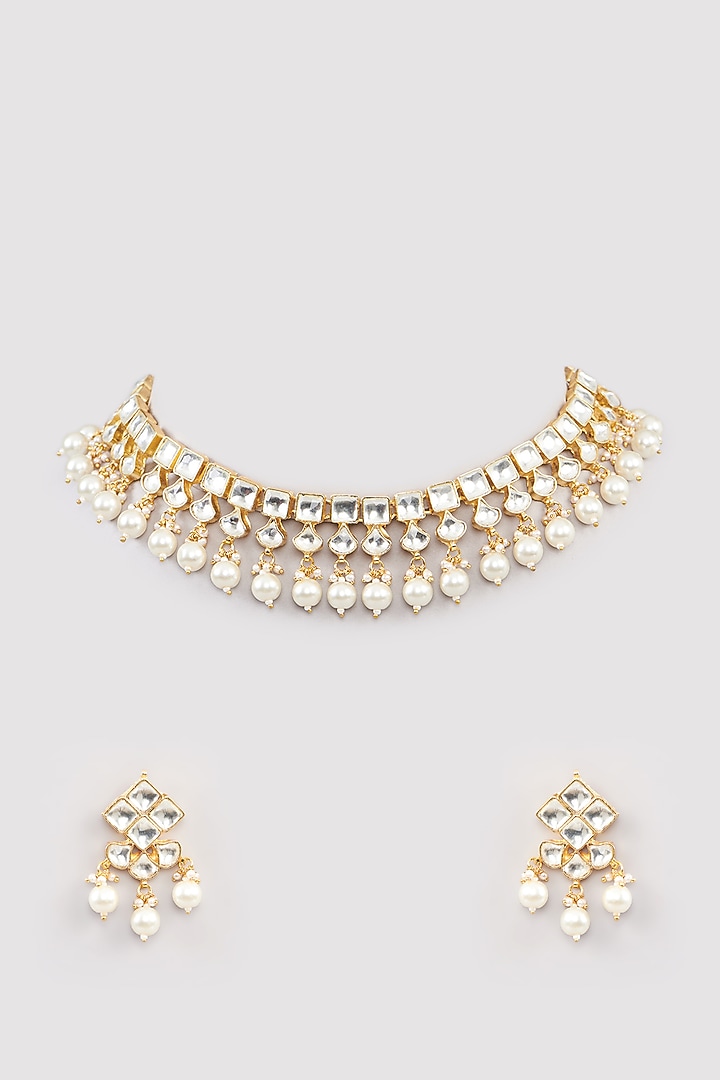 Micro Gold Finish Kundan Polki & Pearl Drop Necklace Set by Namasya at Pernia's Pop Up Shop