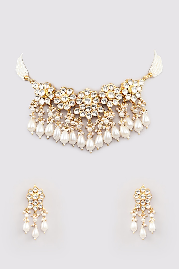 Micro Gold Finish Kundan Polki & Pearl Drop Choker Necklace Set by Namasya at Pernia's Pop Up Shop