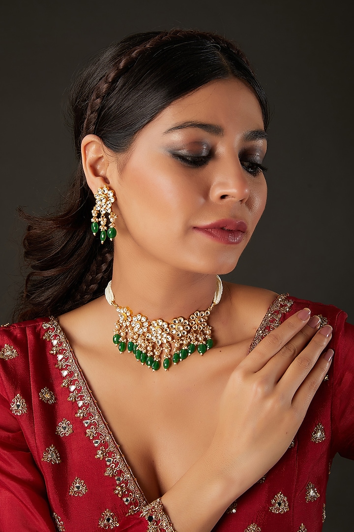 Micro Gold Finish Kundan Polki & Green Drop Choker Necklace Set by Namasya at Pernia's Pop Up Shop