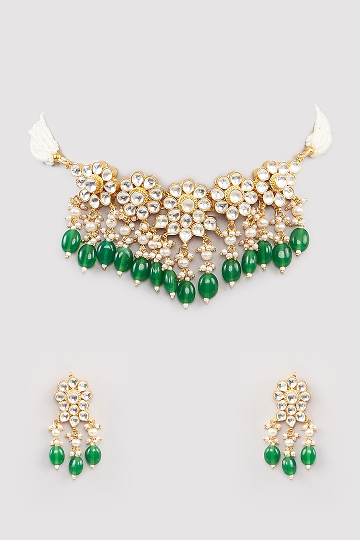Micro Gold Finish Kundan Polki & Green Drop Choker Necklace Set by Namasya at Pernia's Pop Up Shop