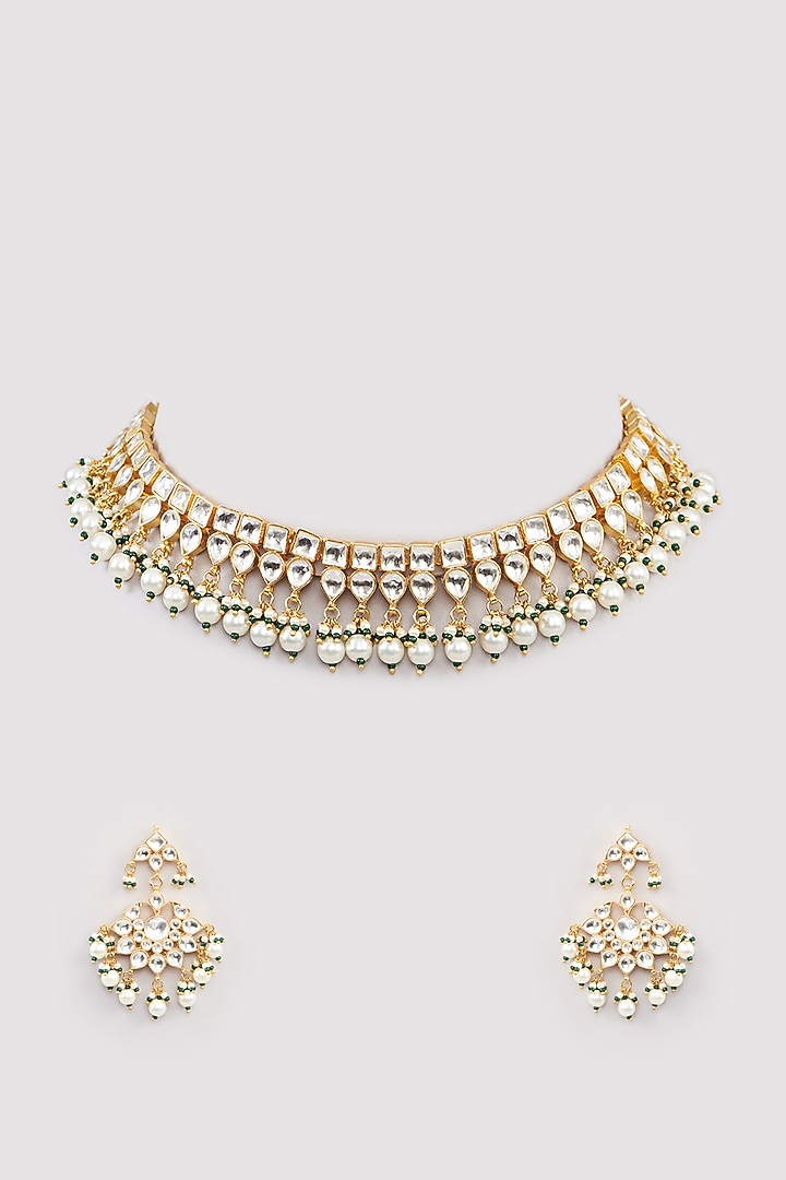 Micro Gold Finish Kundan Polki & Pearl Drop Choker Necklace Set by Namasya at Pernia's Pop Up Shop