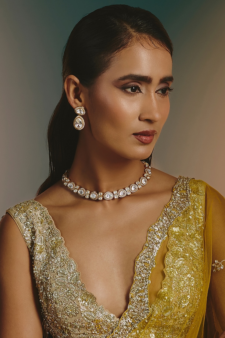 Micro Gold Finish Moissanite Polki Choker Necklace Set by Namasya at Pernia's Pop Up Shop