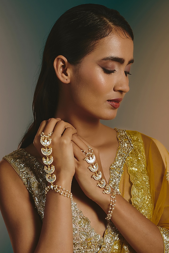 Micro Gold Finish Kundan Polki & Mother Of Pearl Haathphool by Namasya at Pernia's Pop Up Shop