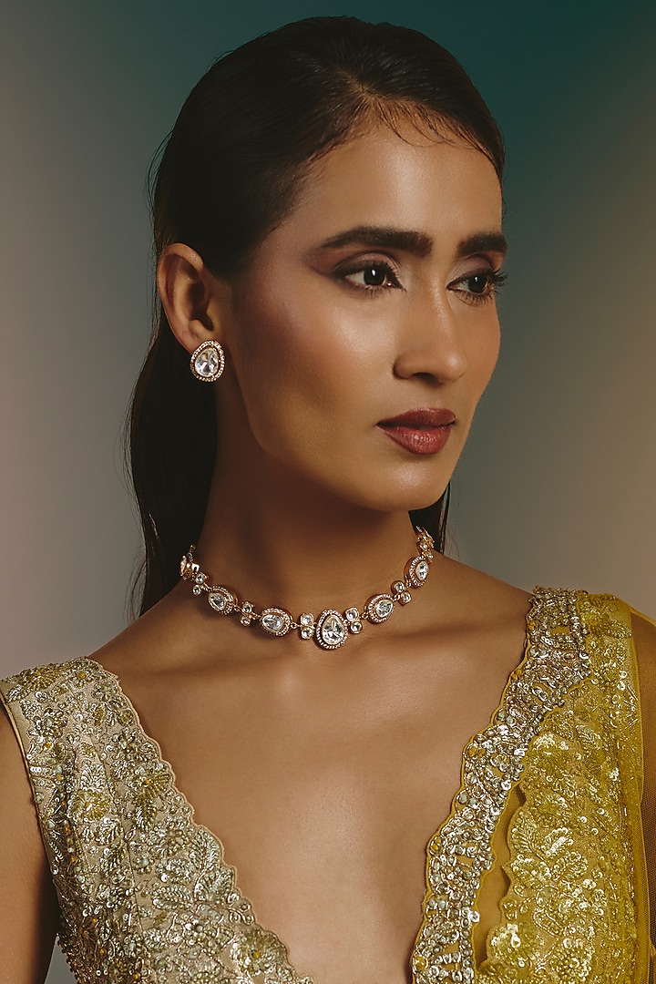 Micro Gold Finish Moissanite Polki Necklace Set by Namasya at Pernia's Pop Up Shop