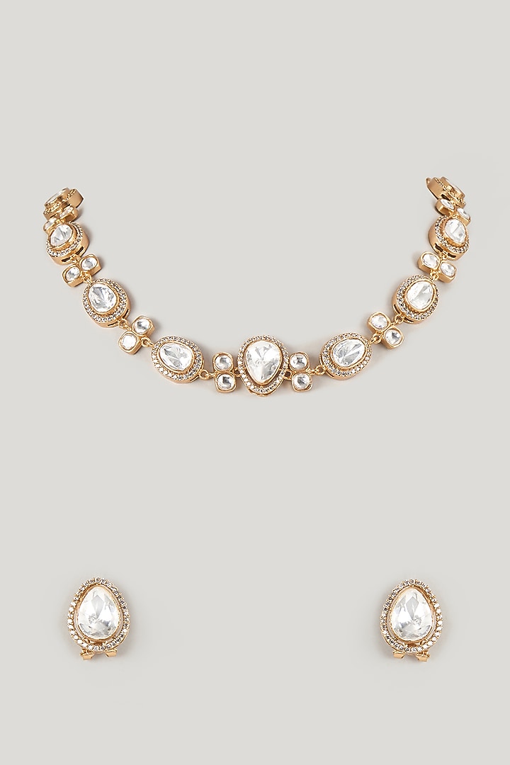Micro Gold Finish Moissanite Polki Necklace Set by Namasya at Pernia's Pop Up Shop