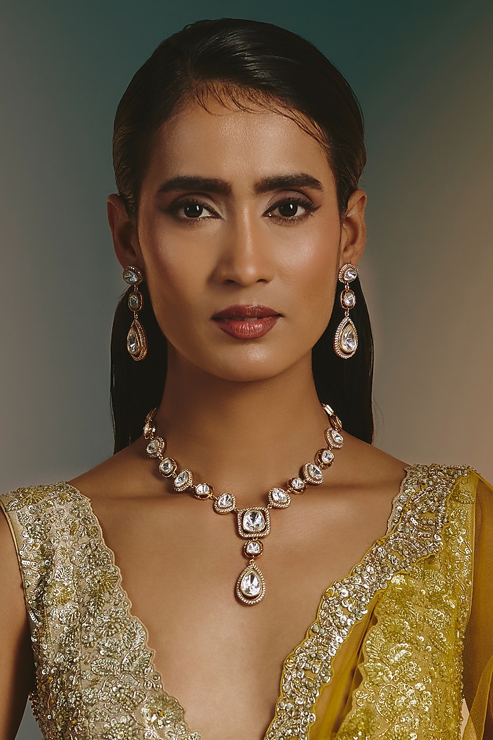 Micro Gold Finish Moissanite Polki Long Necklace Set by Namasya at Pernia's Pop Up Shop