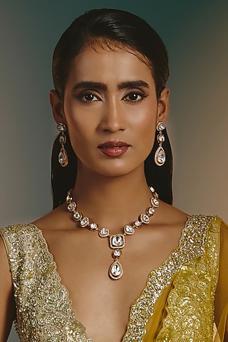 Micro Gold Finish Moissanite Polki Long Necklace Set by Namasya