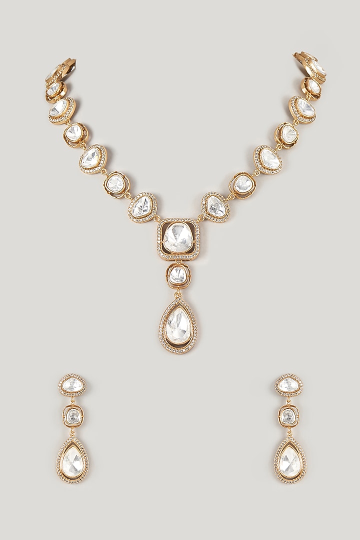 Micro Gold Finish Moissanite Polki Long Necklace Set by Namasya at Pernia's Pop Up Shop