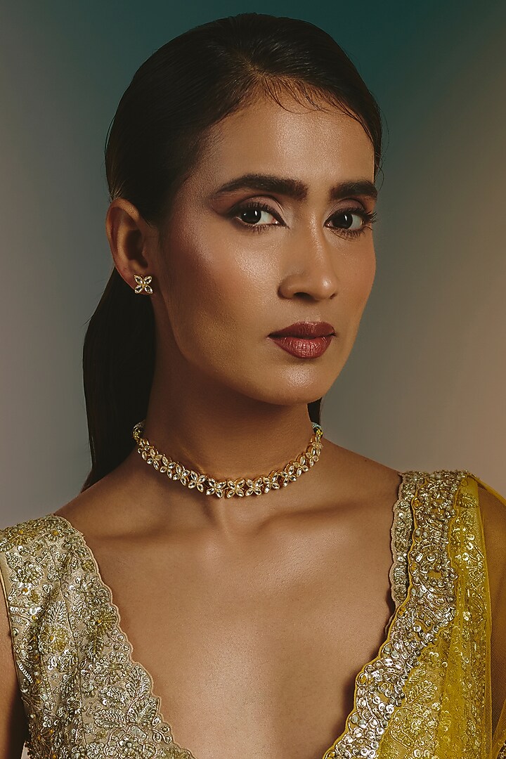 Micro Gold Finish Moissanite Polki Choker Necklace Set by Namasya at Pernia's Pop Up Shop