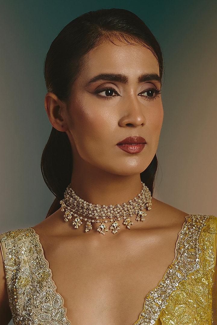 Micro Gold Finish Kundan Polki & Pearl Choker Necklace by Namasya at Pernia's Pop Up Shop
