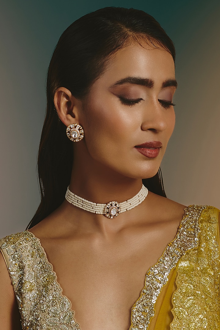 Micro Gold Finish Moissanite Polki & Pearl Choker Necklace Set by Namasya at Pernia's Pop Up Shop