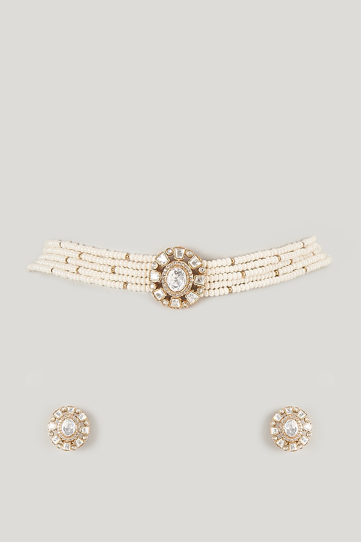 Micro Gold Finish Moissanite Polki & Pearl Choker Necklace Set by Namasya at Pernia's Pop Up Shop