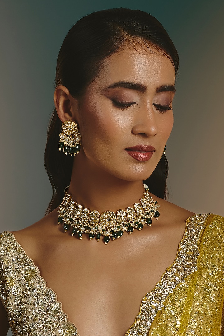 Micro Gold Finish Kundan Polki & Green Stone Necklace Set by Namasya at Pernia's Pop Up Shop