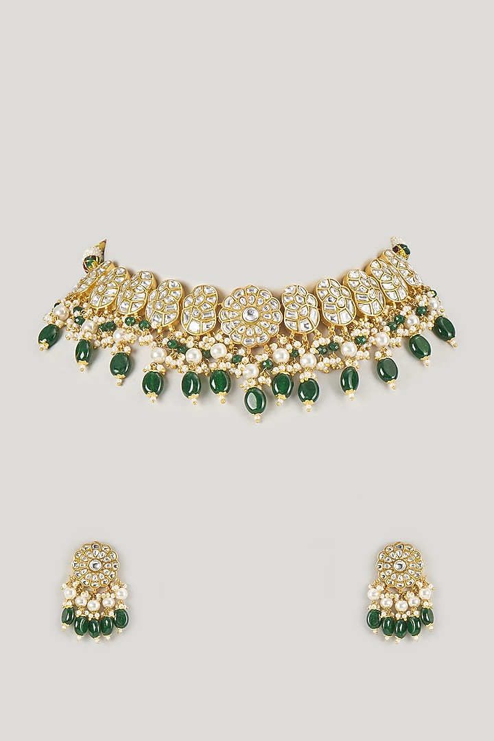 Micro Gold Finish Kundan Polki & Green Stone Necklace Set by Namasya at Pernia's Pop Up Shop