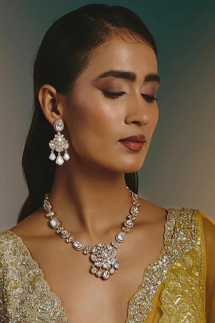Micro Gold Finish Moissanite Polki Long Necklace Set by Namasya at Pernia's Pop Up Shop