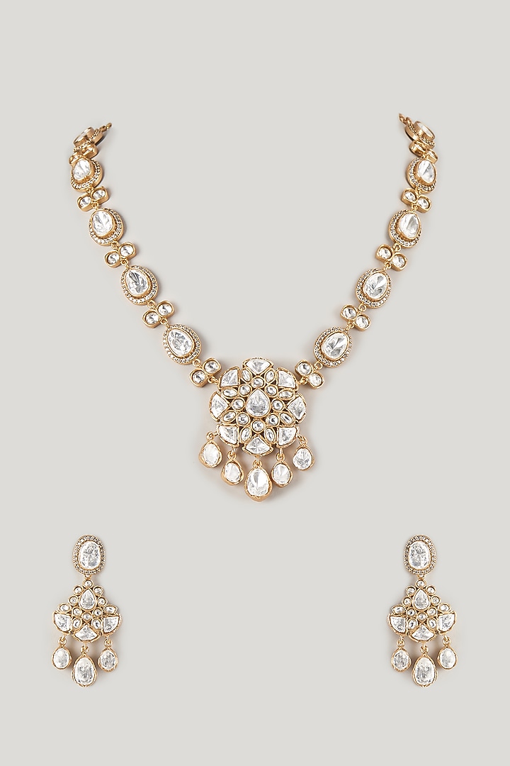 Micro Gold Finish Moissanite Polki Long Necklace Set by Namasya at Pernia's Pop Up Shop
