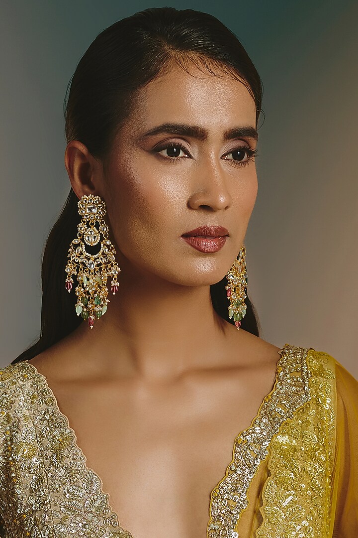 Micro Gold Finish Kundan Polki & Multi-Colored Beaded Dangler Earrings by Namasya at Pernia's Pop Up Shop