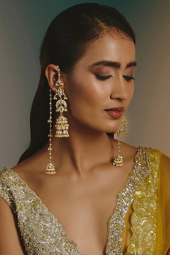 Micro Gold Finish Kundan Polki & Mint Drop Long Jhumka Earrings by Namasya at Pernia's Pop Up Shop
