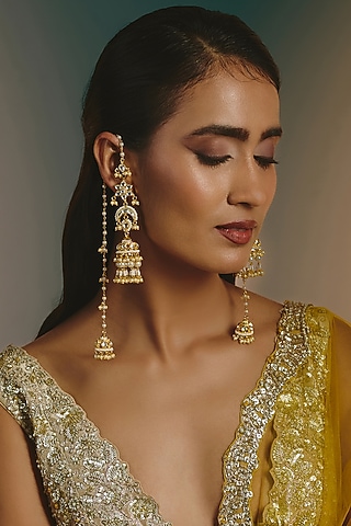 Micro Gold Finish Kundan Polki & Mint Drop Long Jhumka Earrings by Namasya
