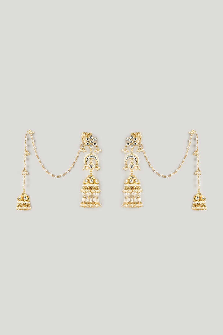 Micro Gold Finish Kundan Polki & Mint Drop Long Jhumka Earrings by Namasya at Pernia's Pop Up Shop