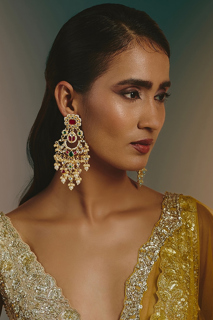 Micro Gold Finish Multi-Colored Kundan Polki & Pearl Drop Dangler Earrings by Namasya at Pernia's Pop Up Shop