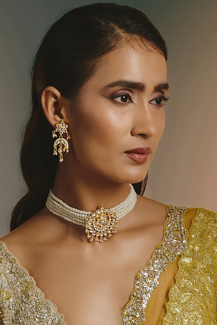 Micro Gold Finish Kundan Polki & Pearl Choker Necklace Set by Namasya at Pernia's Pop Up Shop