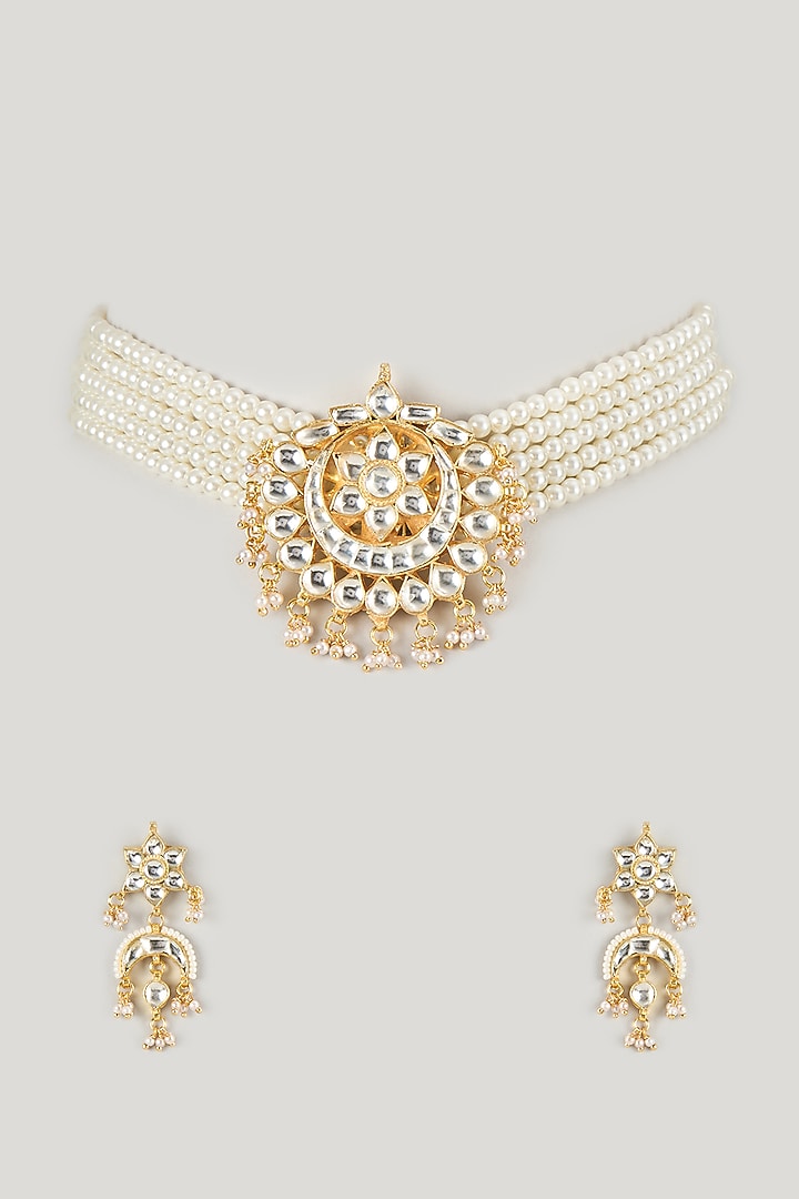 Micro Gold Finish Kundan Polki & Pearl Choker Necklace Set by Namasya at Pernia's Pop Up Shop