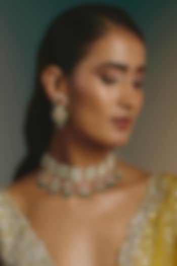 Micro Gold Finish Multi-Colored Kundan Polki & Green Stone Choker Necklace Set by Namasya at Pernia's Pop Up Shop