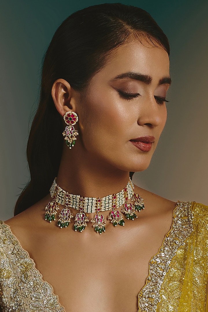 Micro Gold Finish Multi-Colored Kundan Polki & Green Stone Choker Necklace Set by Namasya at Pernia's Pop Up Shop