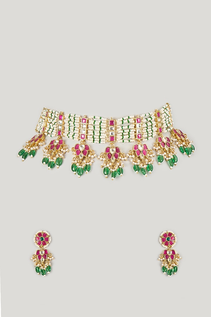 Micro Gold Finish Multi-Colored Kundan Polki & Green Stone Choker Necklace Set by Namasya at Pernia's Pop Up Shop