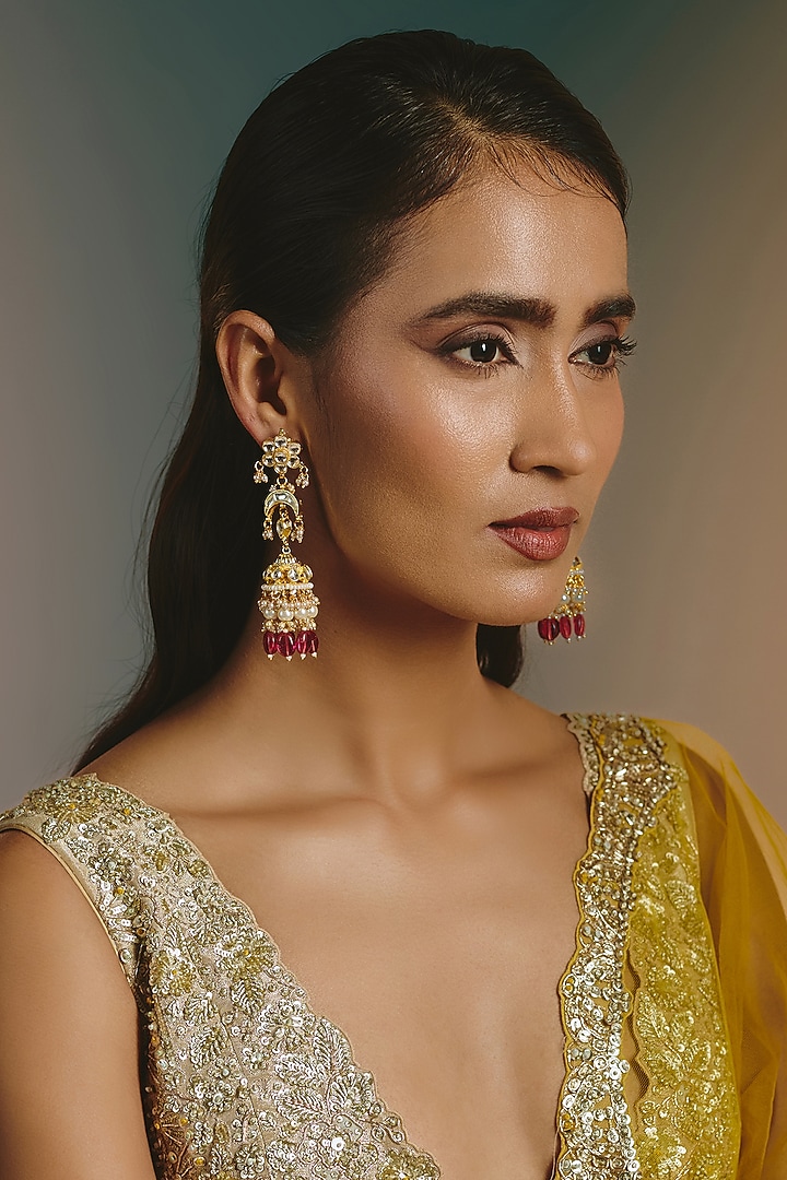 Micro Gold Finish Kundan Polki & Pink Drop Jhumka Earrings by Namasya at Pernia's Pop Up Shop