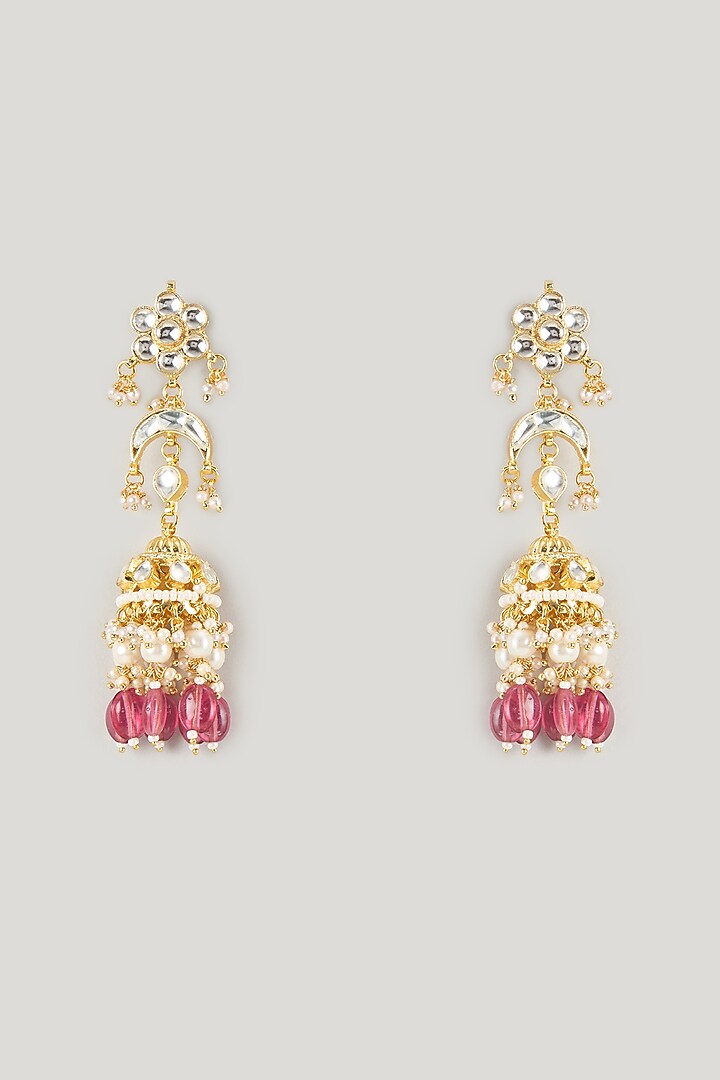 Micro Gold Finish Kundan Polki & Pink Drop Jhumka Earrings by Namasya at Pernia's Pop Up Shop