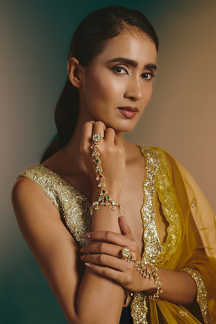 Micro Gold Finish Multi-Colored Kundan Polki Haathphool by Namasya at Pernia's Pop Up Shop