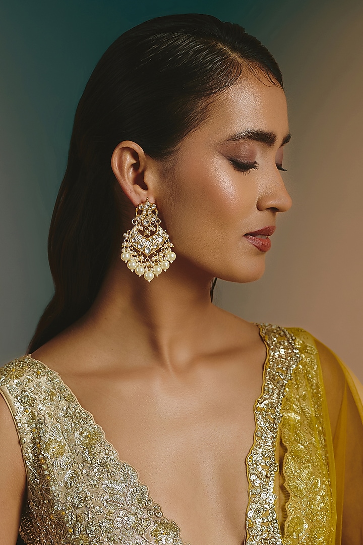 Micro Gold Finish Kundan Polki & Pearl Drop Chandbali Earrings by Namasya at Pernia's Pop Up Shop