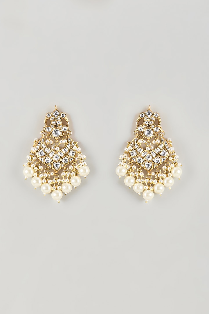 Micro Gold Finish Kundan Polki & Pearl Drop Chandbali Earrings by Namasya at Pernia's Pop Up Shop