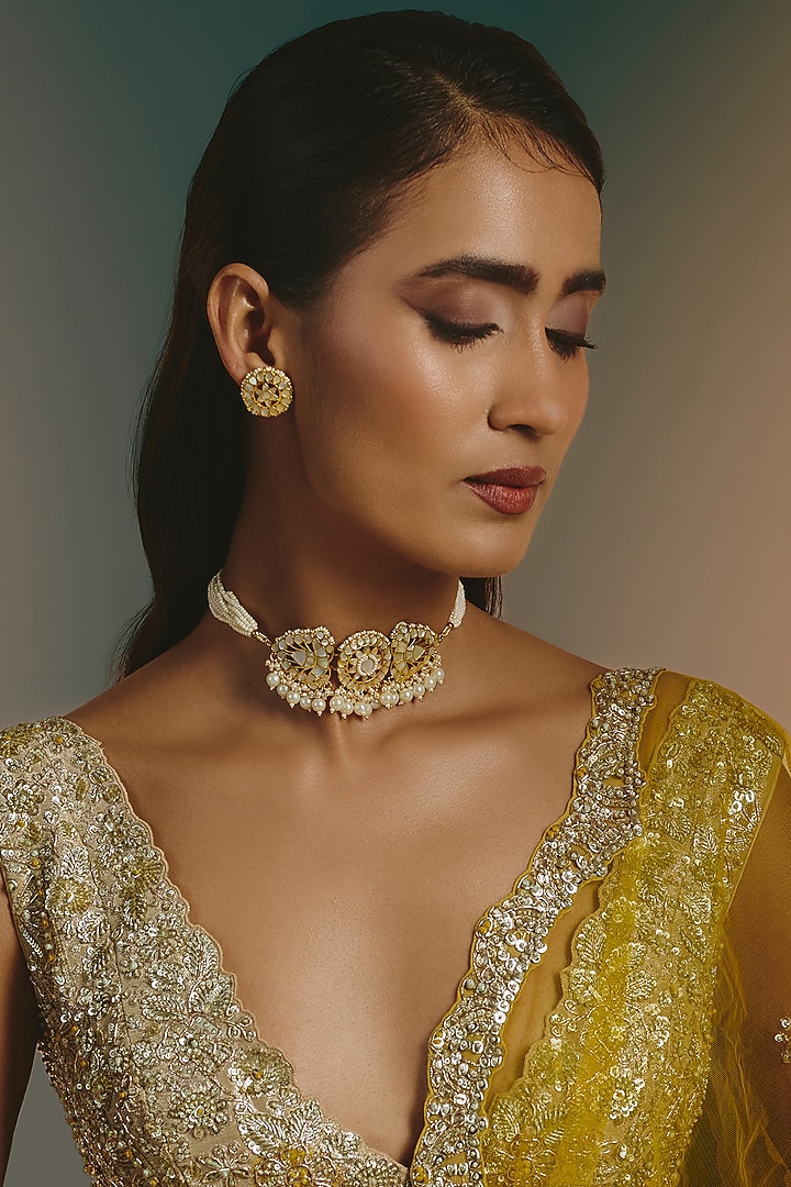 Micro Gold Finish Mother Of Pearl & Kundan Polki Choker Necklace Set by Namasya at Pernia's Pop Up Shop