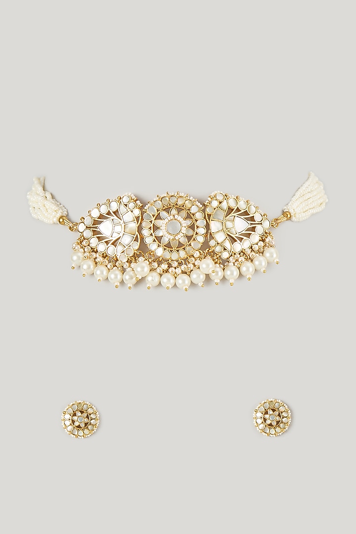 Micro Gold Finish Mother Of Pearl & Kundan Polki Choker Necklace Set by Namasya at Pernia's Pop Up Shop