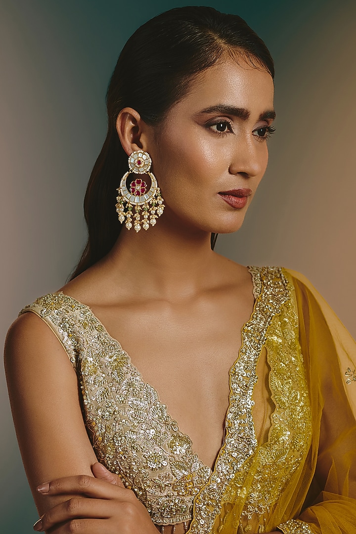 Micro Gold Finish Kundan Polki & Pink Mother Of Pearl Chandbali Earrings by Namasya at Pernia's Pop Up Shop