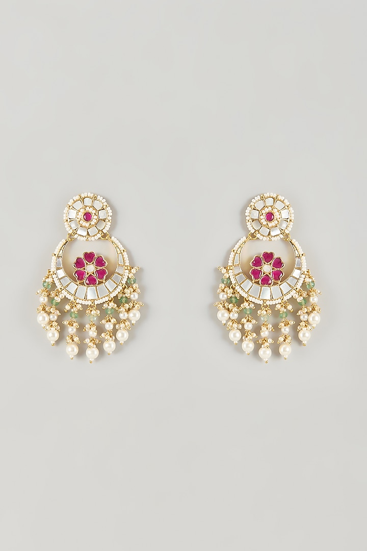Micro Gold Finish Kundan Polki & Pink Mother Of Pearl Chandbali Earrings by Namasya at Pernia's Pop Up Shop