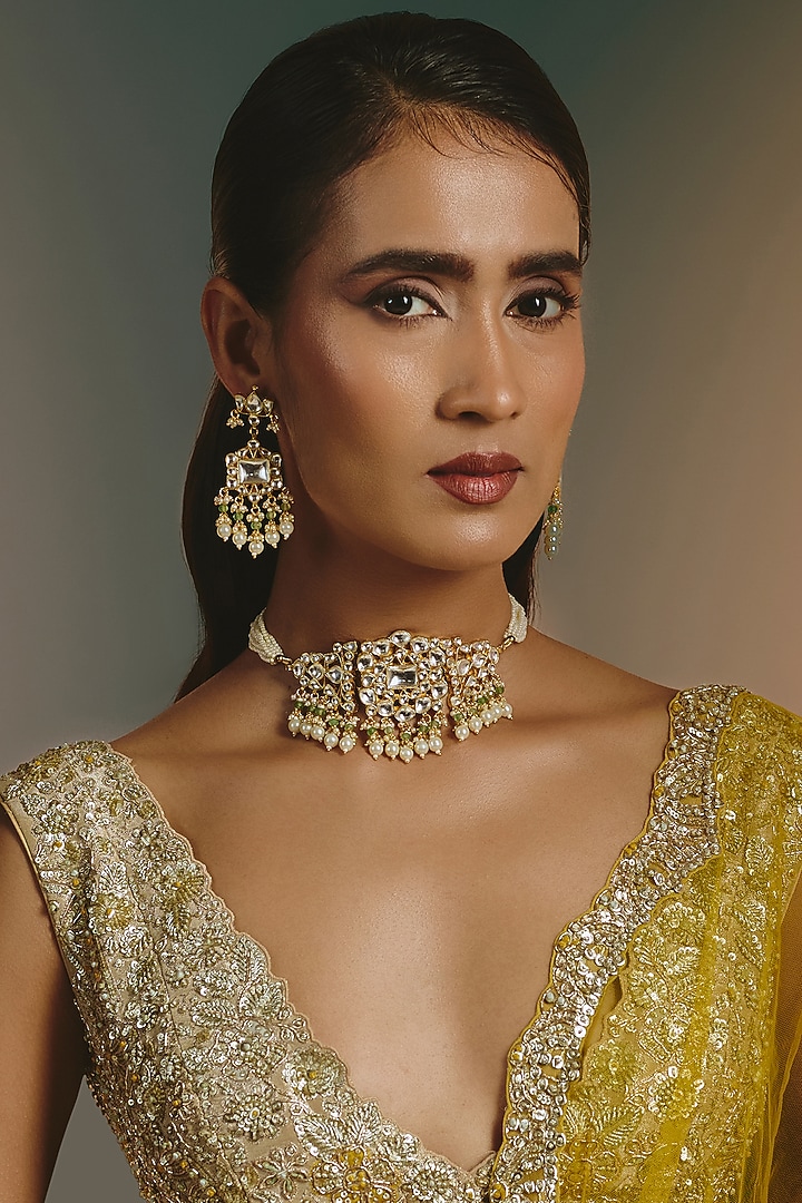 Micro Gold Finish Pearl Drop & Kundan Polki Choker Necklace Set by Namasya at Pernia's Pop Up Shop