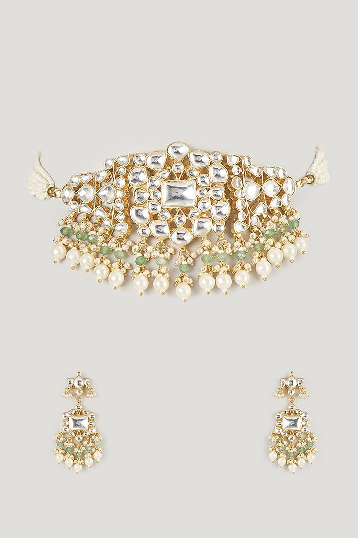 Micro Gold Finish Pearl Drop & Kundan Polki Choker Necklace Set by Namasya at Pernia's Pop Up Shop