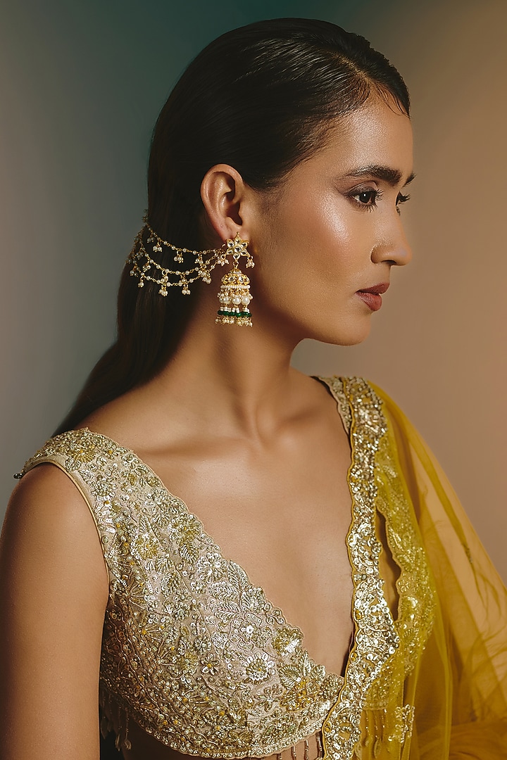 Gold Finish Kundan Polki & Green Drop Jhumka Earrings by Namasya at Pernia's Pop Up Shop