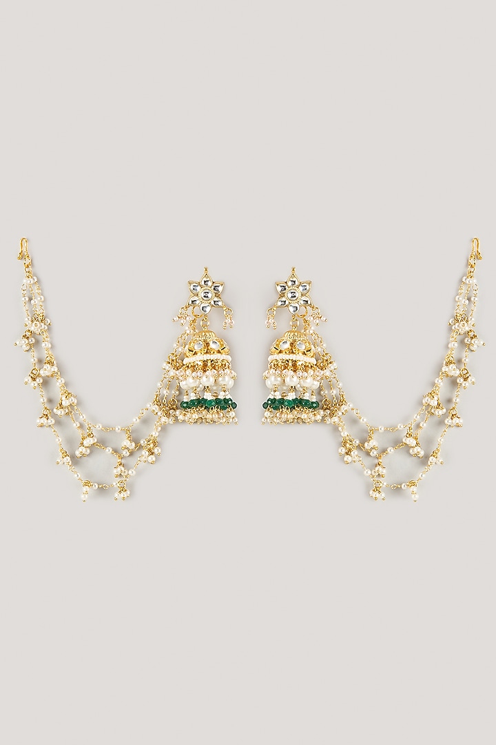 Gold Finish Kundan Polki & Green Drop Jhumka Earrings by Namasya at Pernia's Pop Up Shop