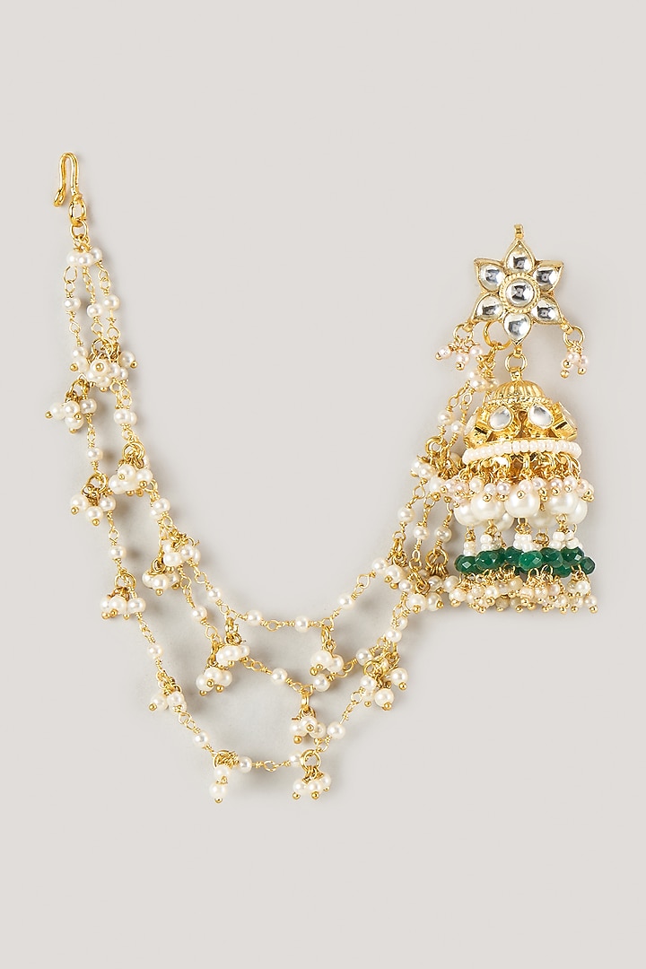 Gold Finish Kundan Polki & Green Drop Jhumka Earrings by Namasya at Pernia's Pop Up Shop
