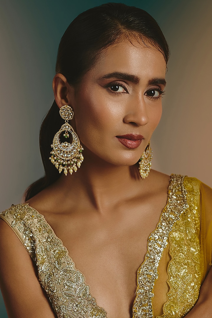 Micro Gold Finish Kundan Polki & Mint Drop Chandbali Earrings by Namasya at Pernia's Pop Up Shop