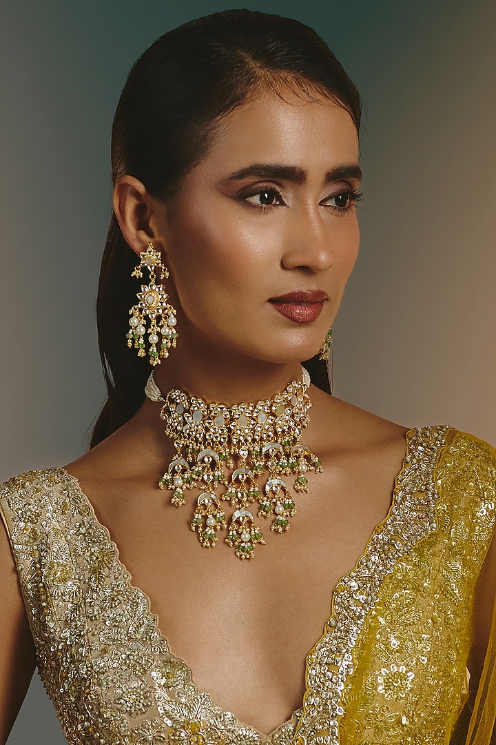 Micro Gold Finish Mother Of Pearl & Kundan Polki Choker Necklace Set by Namasya at Pernia's Pop Up Shop